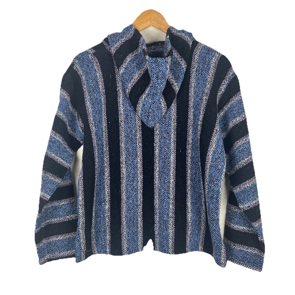 Vintage Mexican Baja Hoodie Blue Black Striped Pullover Kangaroo Pocket M - Picture 3 of 9